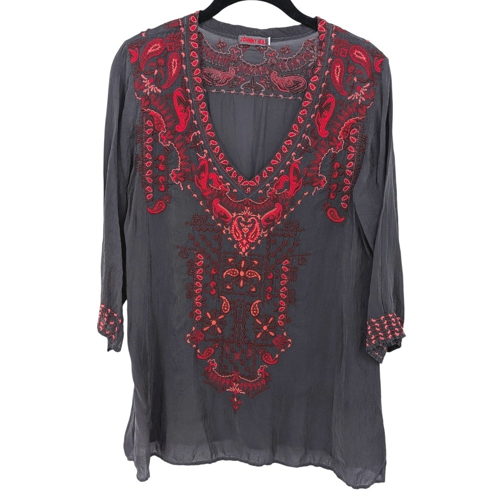 Johnny Was Blouse Women Medium Gray Embroidered Boho Paisley V Neck Cupra‎ Boho